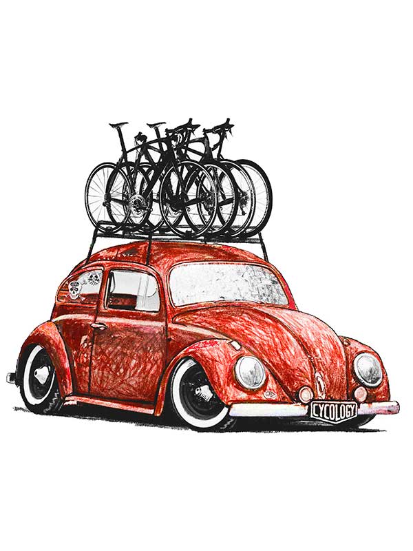 Red vintage car with bicycle rack on a grey background