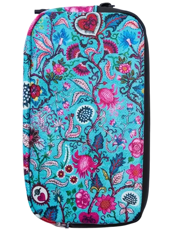 Vibrant floral patterned cycling accessory pouch with pink, blue, and teal designs