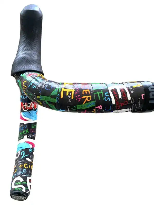 Colorful graffiti-style bike handlebar tape with bold lettering and cycling graphics