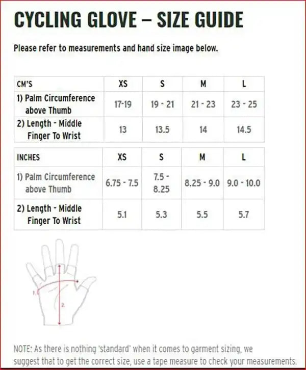 Cycling glove size guide with measurements in cm and inches for accurate fit
