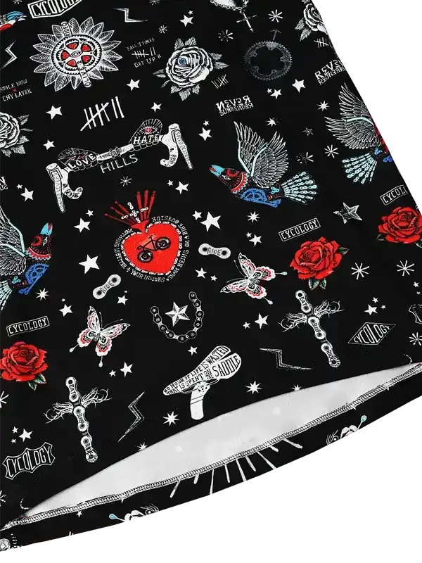 Black cycling shorts with red roses, birds, stars, and bike-themed tattoos, featuring unique graphic designs.