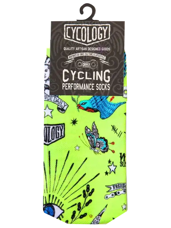 Neon green cycling performance socks with tattoo-style graphics, stars, and bike culture designs