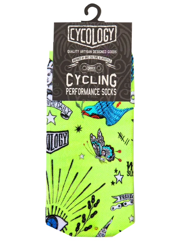 Tattoo Lime Cycling Socks Packaging | Cycology UK