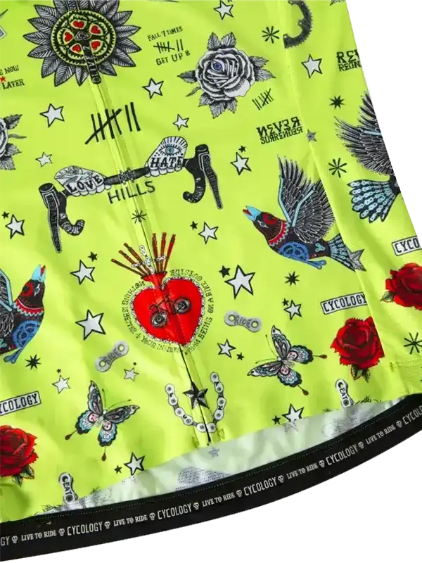 Vibrant neon green cycling jersey with tattoo-style graphics, roses, birds, and stars for men and women.