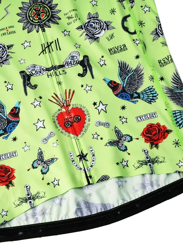 Colorful lime men's long sleeve cycling jersey with intricate designs