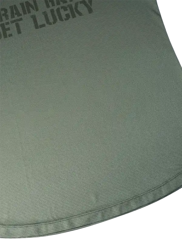 Olive green cycling jersey with 'RAIN OR GET LUCKY' text, breathable fabric detail