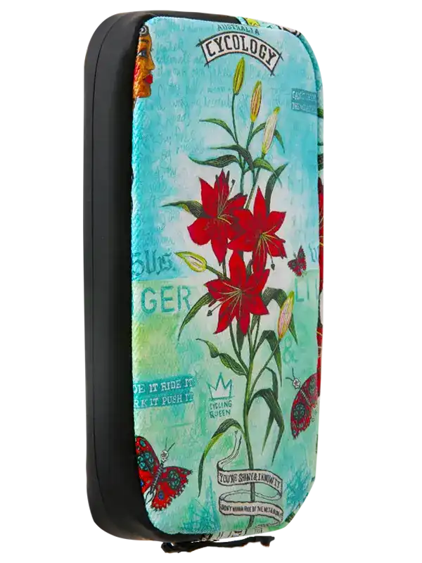 Tiger Lily cycling wallet by Cycology Clothing featuring red floral designs on a teal background