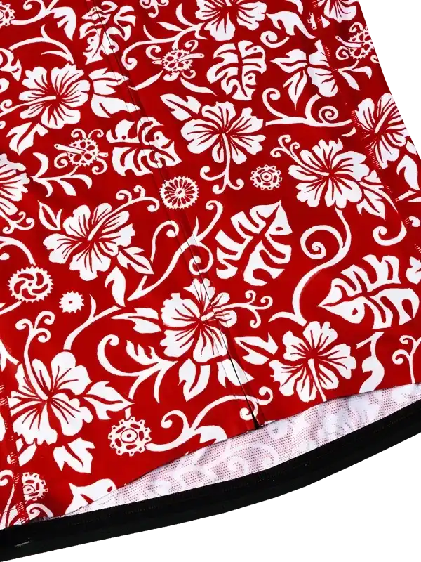 Red cycling jersey with white floral pattern, breathable fabric, stylish design for men and women