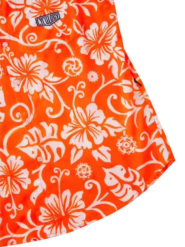 Vibrant orange cycling shirt with white hibiscus floral print and brand logo, ideal for men's or women's bike wear.