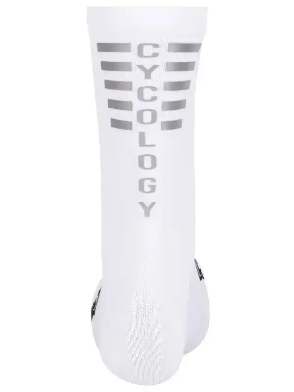 White cycling sock with silver CYCOLOGY logo and reflective stripes, designed for performance and comfort.