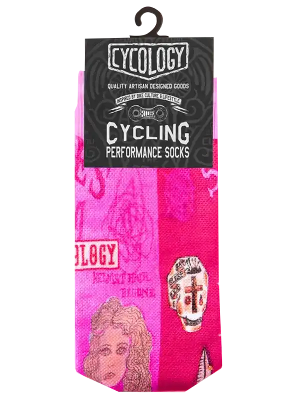 Pink cycling performance socks with skull and portrait design, artisan-made for bike culture