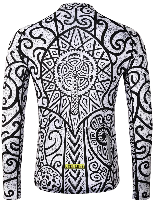 Zanzibar Men's Long Sleeve Summer Cycling Jersey with black and white geometric pattern on a white background