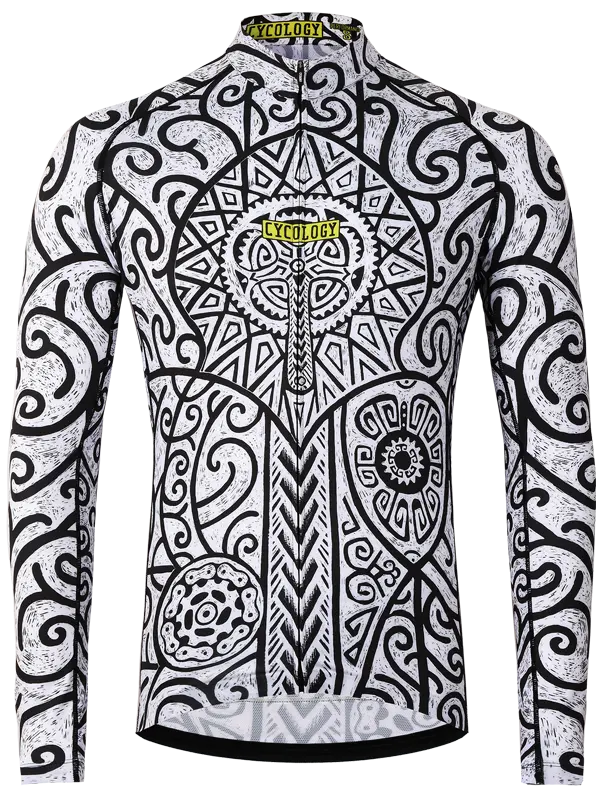 Zanzibar Men's Long Sleeve Summer Cycling Jersey in black and white patterned with brand logo on a white background
