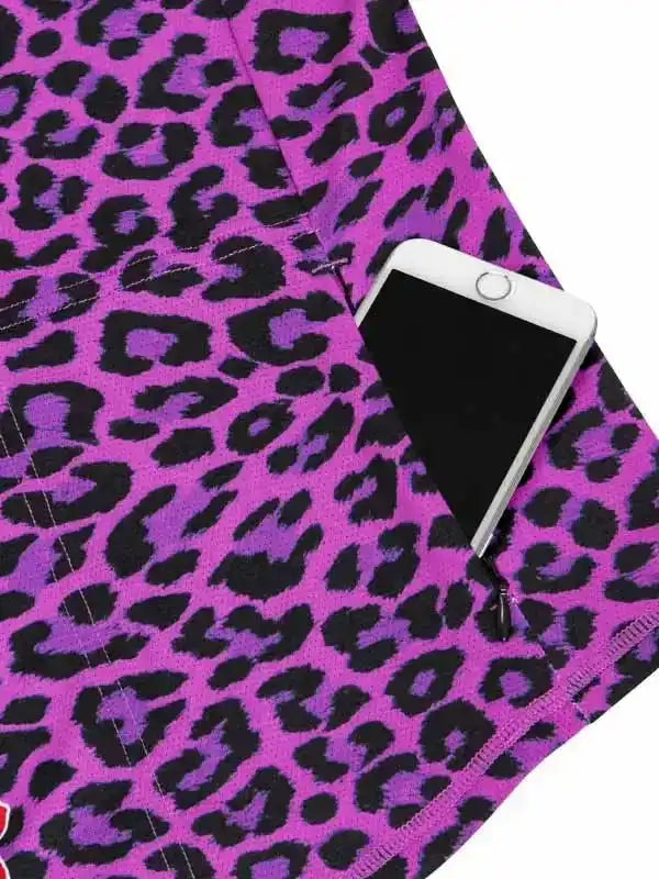 Purple leopard print cycling shorts with phone pocket, women's bike wear