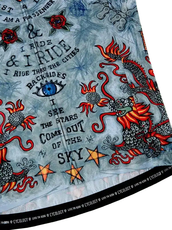Cycling jersey with dragon, roses, stars, and bold text design for men and women riders