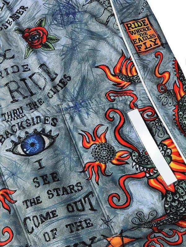 Men's cycling shorts with bold dragon, rose, and eye graphics, edgy typography design