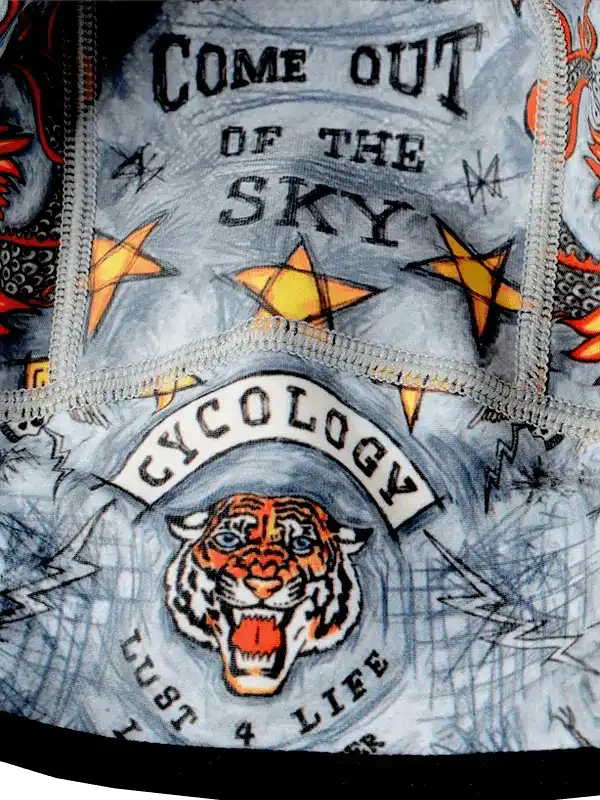 Cycling jersey with tiger graphic, 'Come Out of the Sky' text, and star design for men's and women's rides