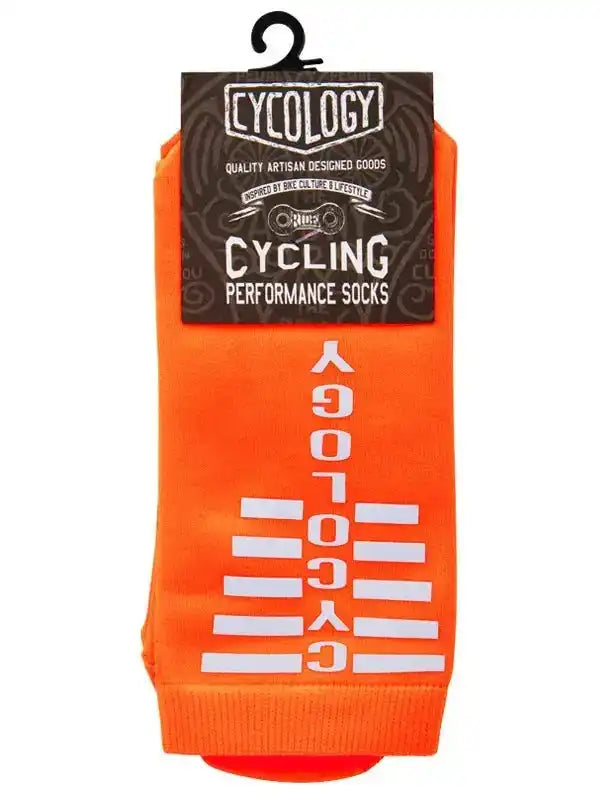 Bright orange cycling performance socks with bold white Cycology branding, ideal for bike riders