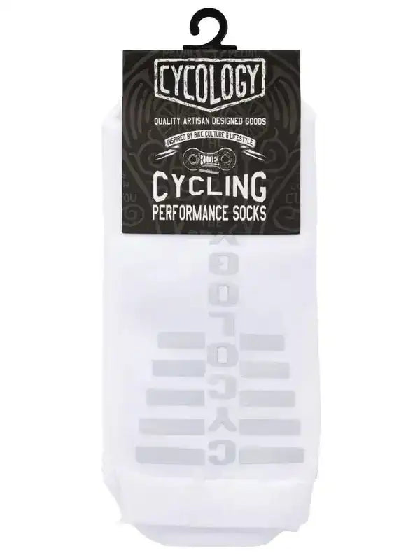 White cycling performance socks with gray logo, packaged for bike enthusiasts