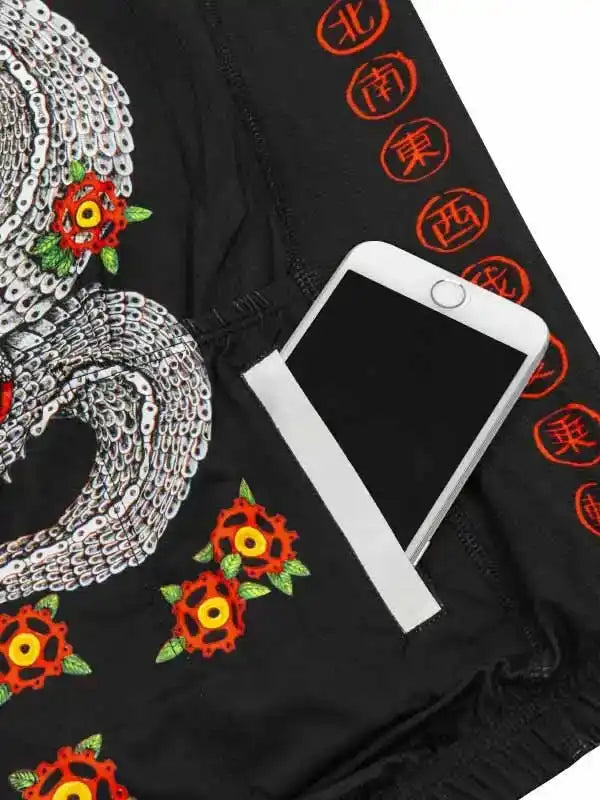 Black cycling shorts with chain and gear floral design, phone pocket, orange Chinese characters