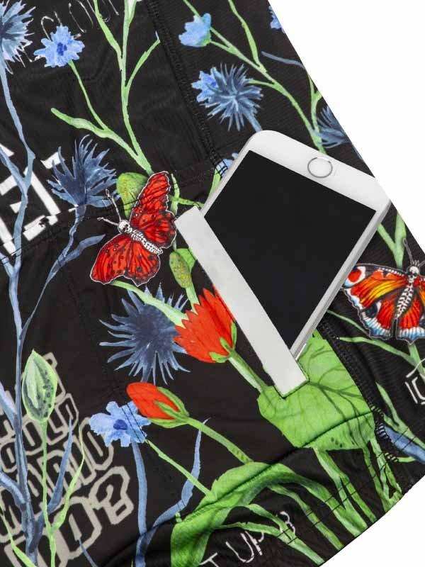 Black cycling shorts with floral and butterfly print, featuring phone pocket for on-the-go convenience.