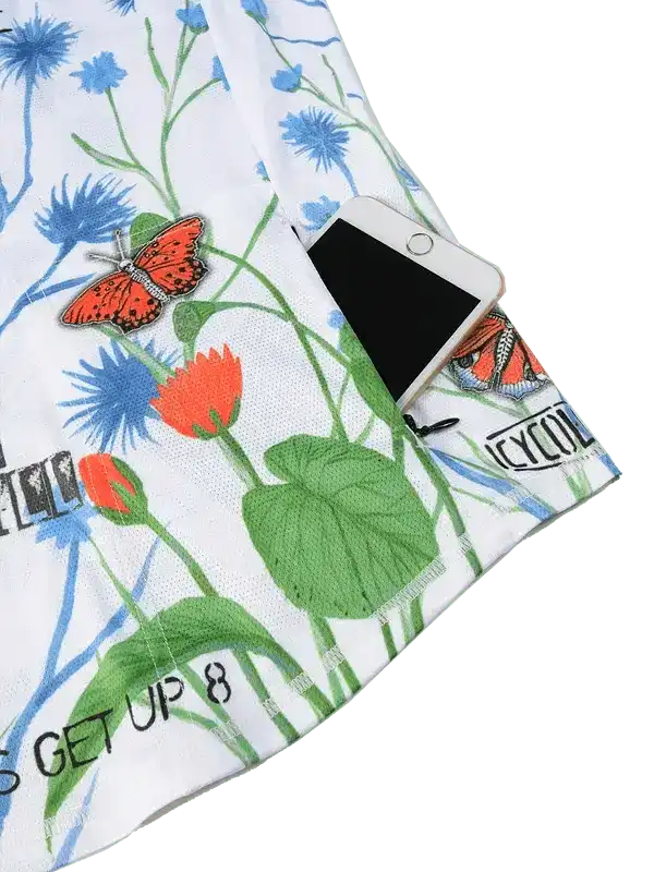 Cycling jersey with floral print, butterfly patch, and phone pocket for riders