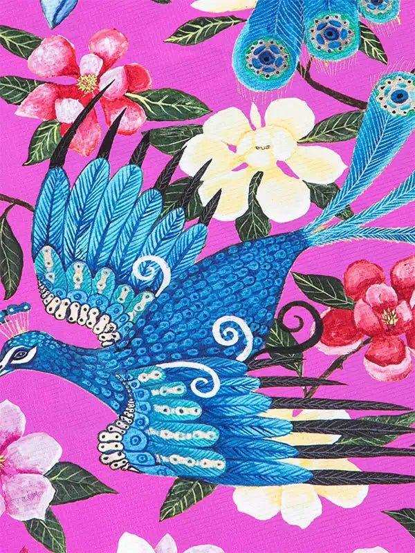 Vibrant blue peacock and floral pattern on pink cycling apparel fabric