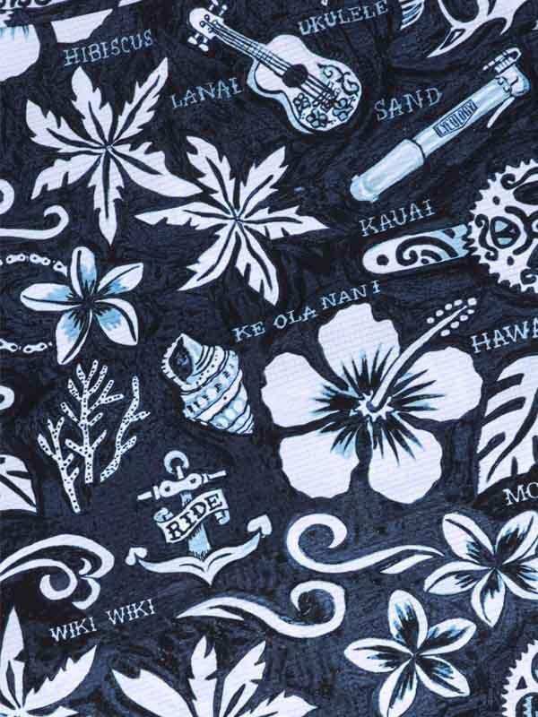 Hawaiian-themed cycling fabric with hibiscus, ukulele, and tropical patterns on dark background