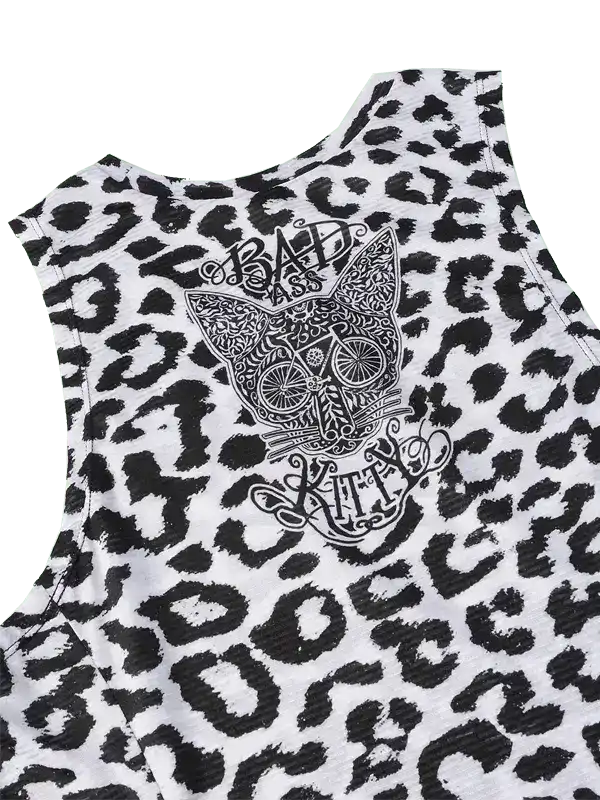 Leopard print women's cycling tank top with 'Bad Ass Kitty' graphic and bike wheel design