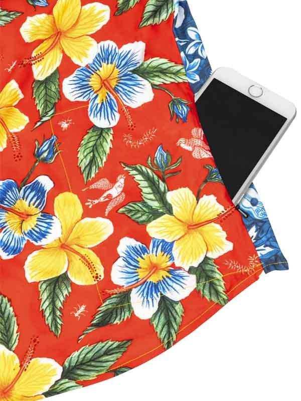 Red cycling jersey with tropical hibiscus print and phone pocket, women's bike wear