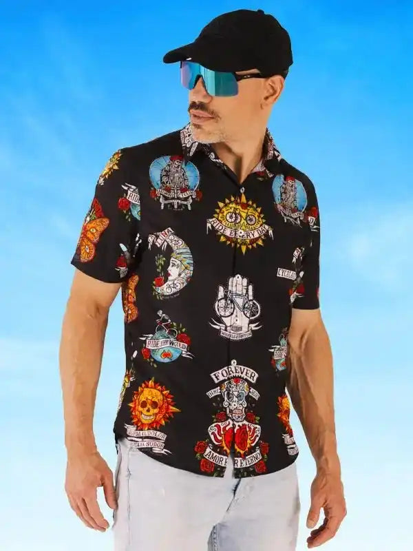Men's black cycling shirt with vibrant tattoo-style graphics, ideal for casual or bike rides