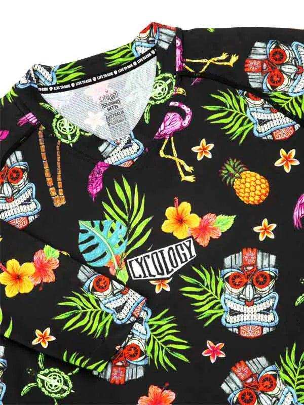 Black tropical cycling jersey with flamingos, pineapples, tiki skulls, and hibiscus flowers