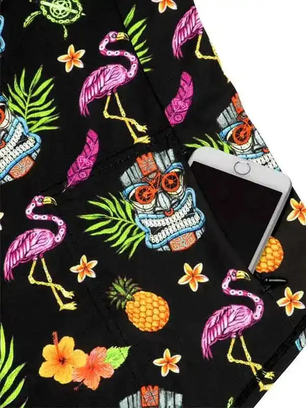 Black cycling shorts with flamingo, pineapple, and tiki skull print, phone pocket detail