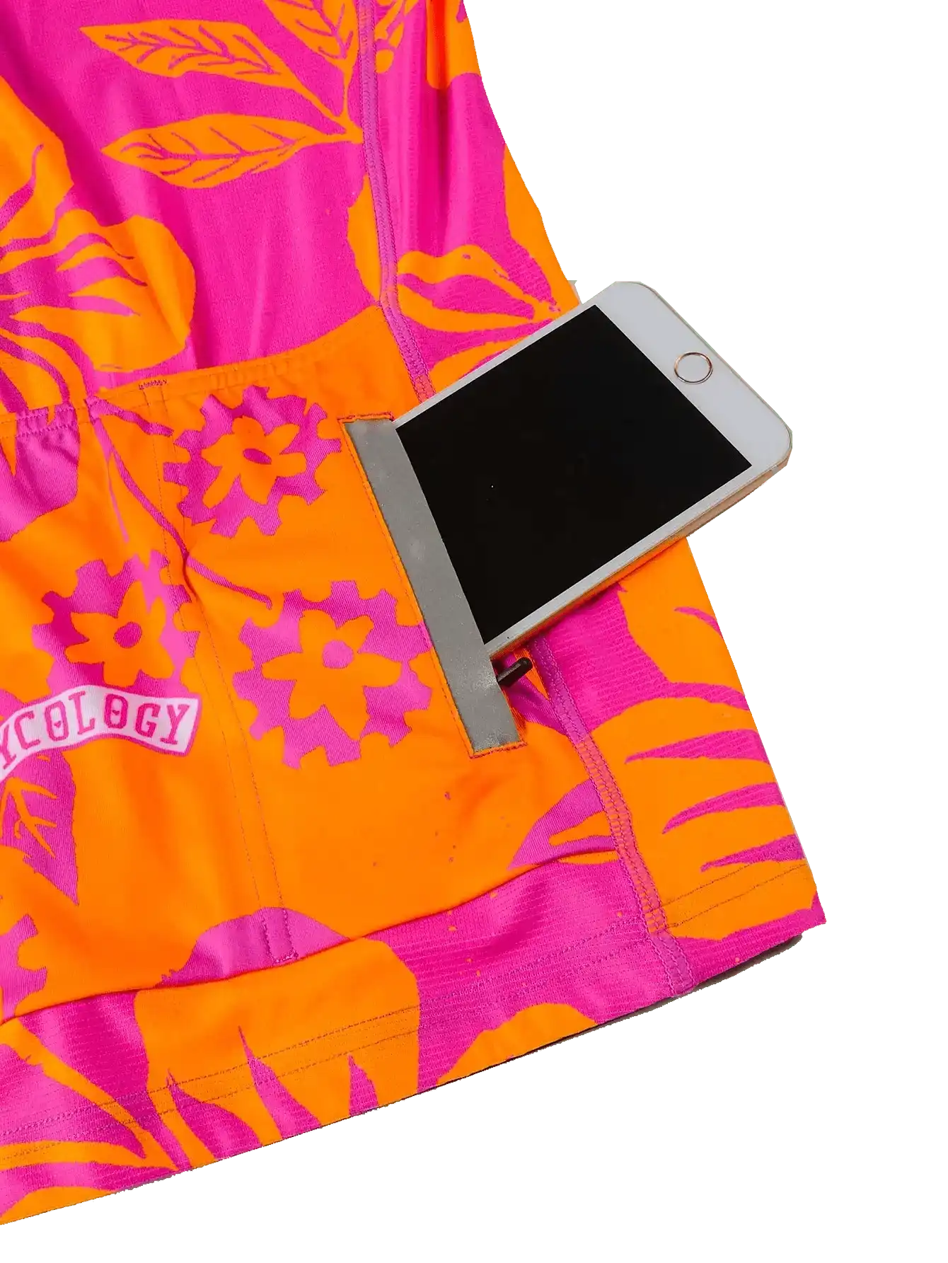 Vibrant pink and orange floral cycling jersey with phone pocket, ideal for women's bike rides
