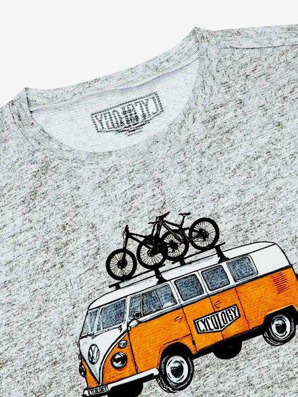 Grey cycling t-shirt with orange van and bikes graphic, ideal for bike lovers and outdoor adventures.