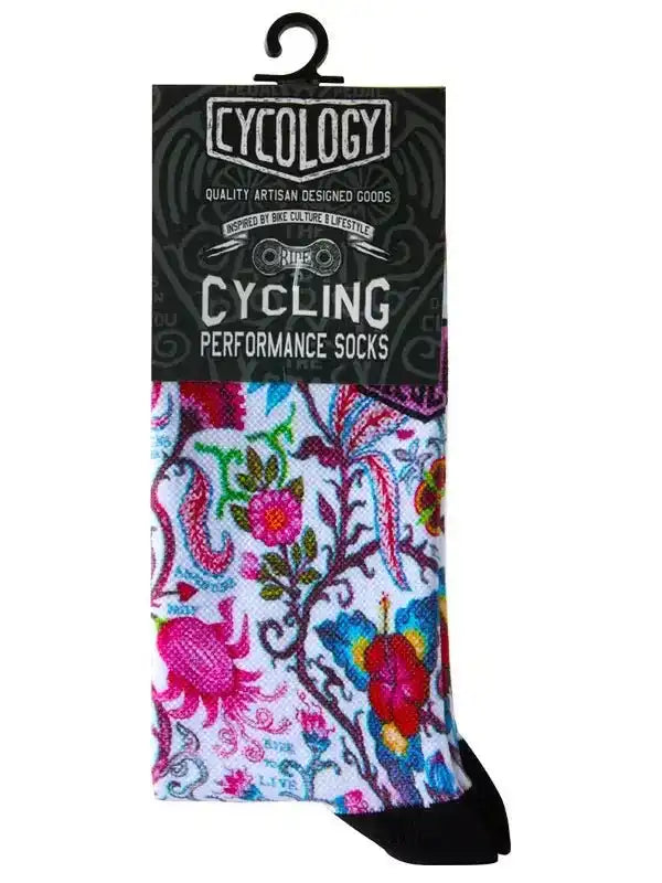 Colorful floral cycling performance socks with black toe, designed for bike culture and lifestyle.