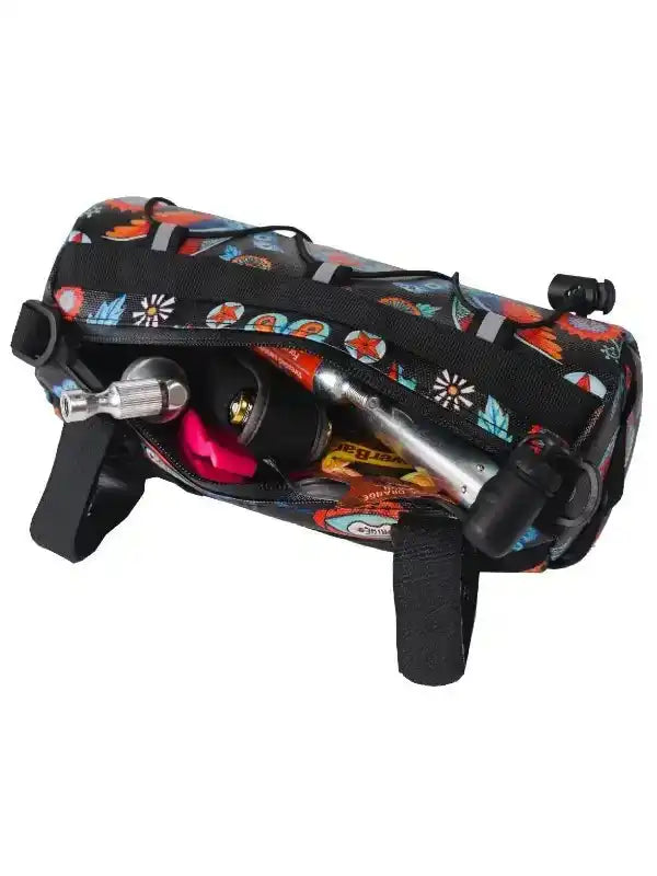Colorful cycling frame bag with tools and pump, ideal for bike rides and adventures