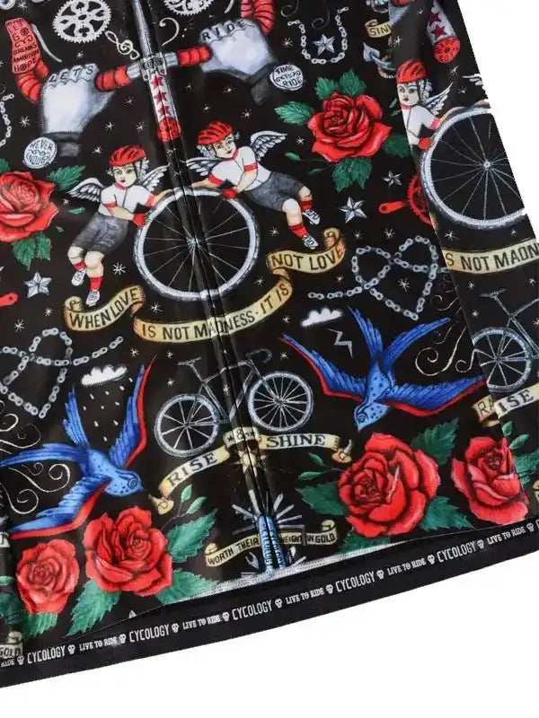 Men's cycling jersey with bold tattoo-style print, roses, angels, and bikes on black fabric
