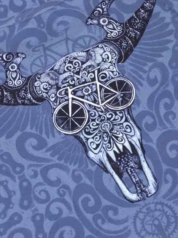 Blue cycling jersey with ornate bull skull and bike graphic design