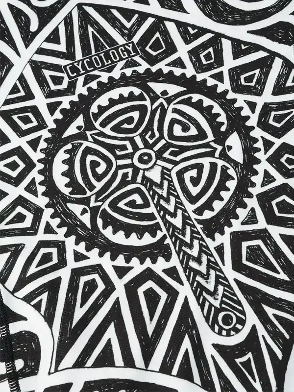 Black and white geometric cycling gear design with bold patterns and 'CYCOLOGY' text