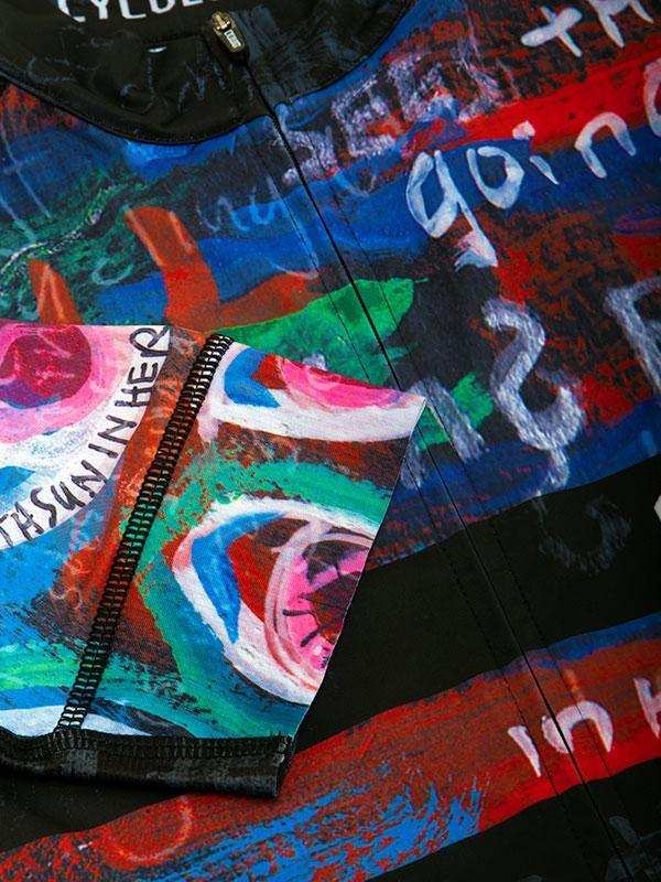 Vibrant abstract cycling jersey with bold colors and artistic designs for men and women