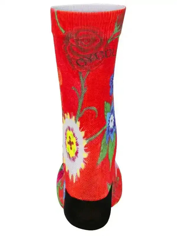 Red cycling sock with floral design, featuring roses and daisies, ideal for men's and women's bike rides.