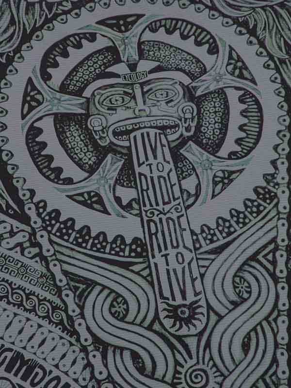 Cycling apparel graphic with 'Live to Ride, Ride to Live' slogan and intricate gear design