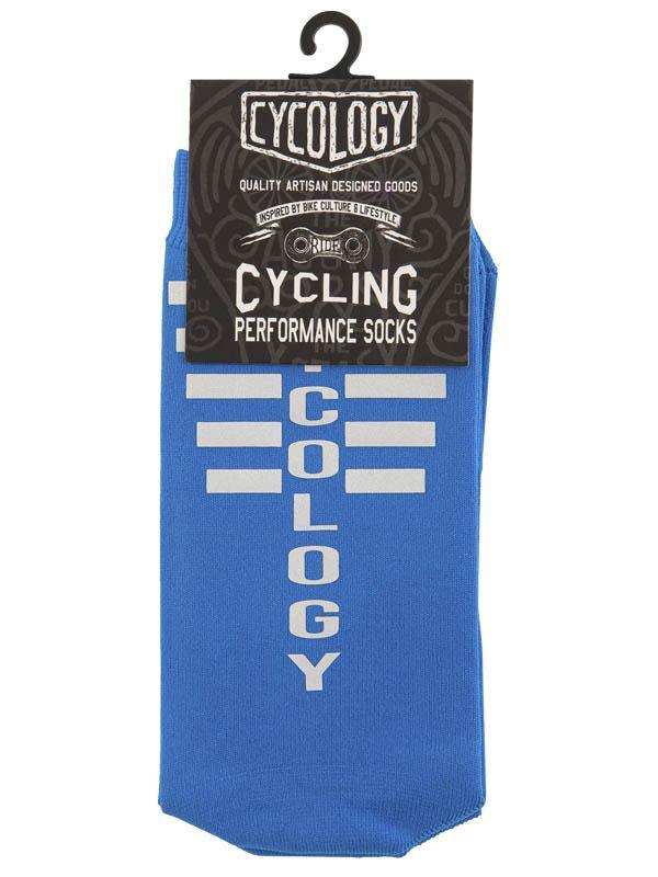 Blue cycling performance socks with white 'Cycology' branding, designed for bike culture and lifestyle.