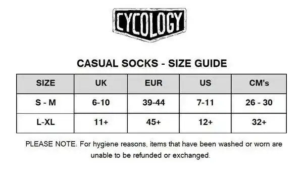 Cycology casual socks size guide chart for UK, EUR, US, and cm measurements