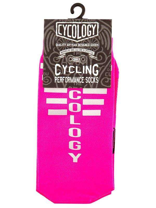 Bright pink cycling performance socks with bold white 'Cycology' branding, ideal for bike culture and lifestyle.