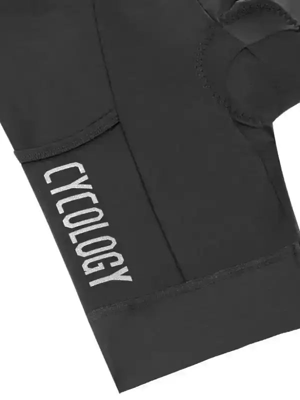 Black cycling glove with white Cycology logo, padded palm, and breathable fabric design