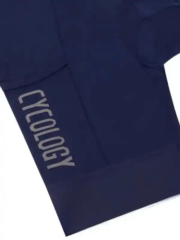 Navy cycling shorts with 'CYCOLOGY' logo, men's and women's bike wear, high-quality fabric