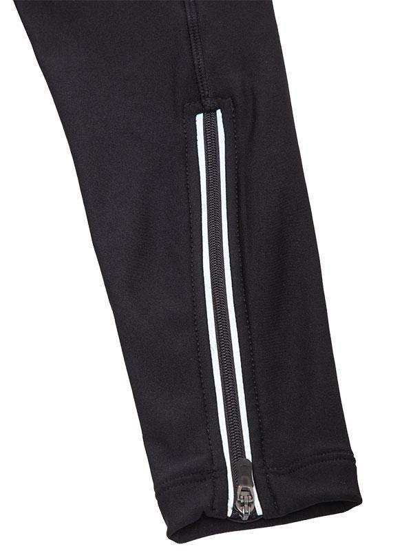 Black cycling tights with white zippered leg vents for ventilation