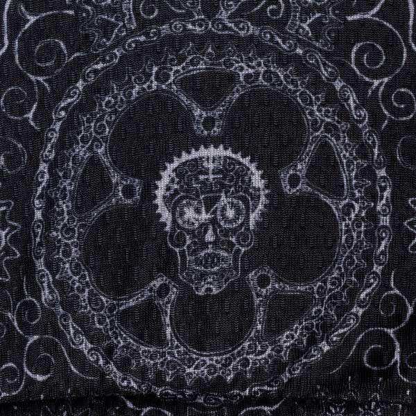 Skull and gear cycling jersey design on dark fabric, unique men's and women's bike wear
